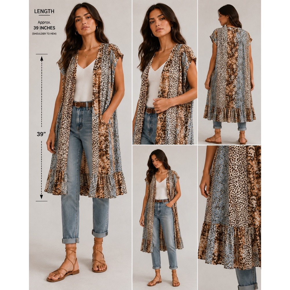 Kori Mixed Leopard Paisley Patchwork Ruffle Duster Vest Brown Blue‎ ML B6888
